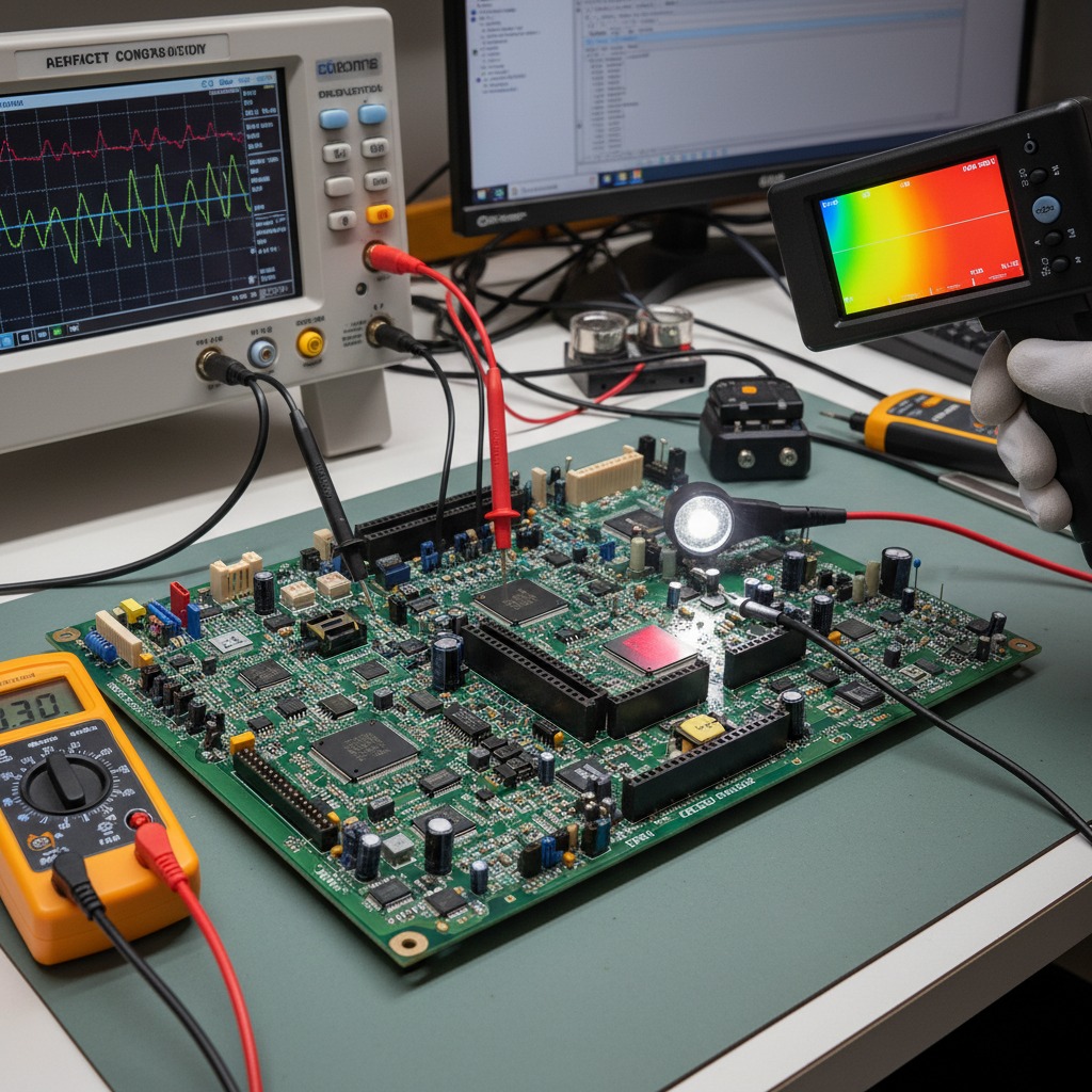 A technician uses a thermal imaging camera and an oscilloscope to test a complex printed circuit board on a laboratory workbench.