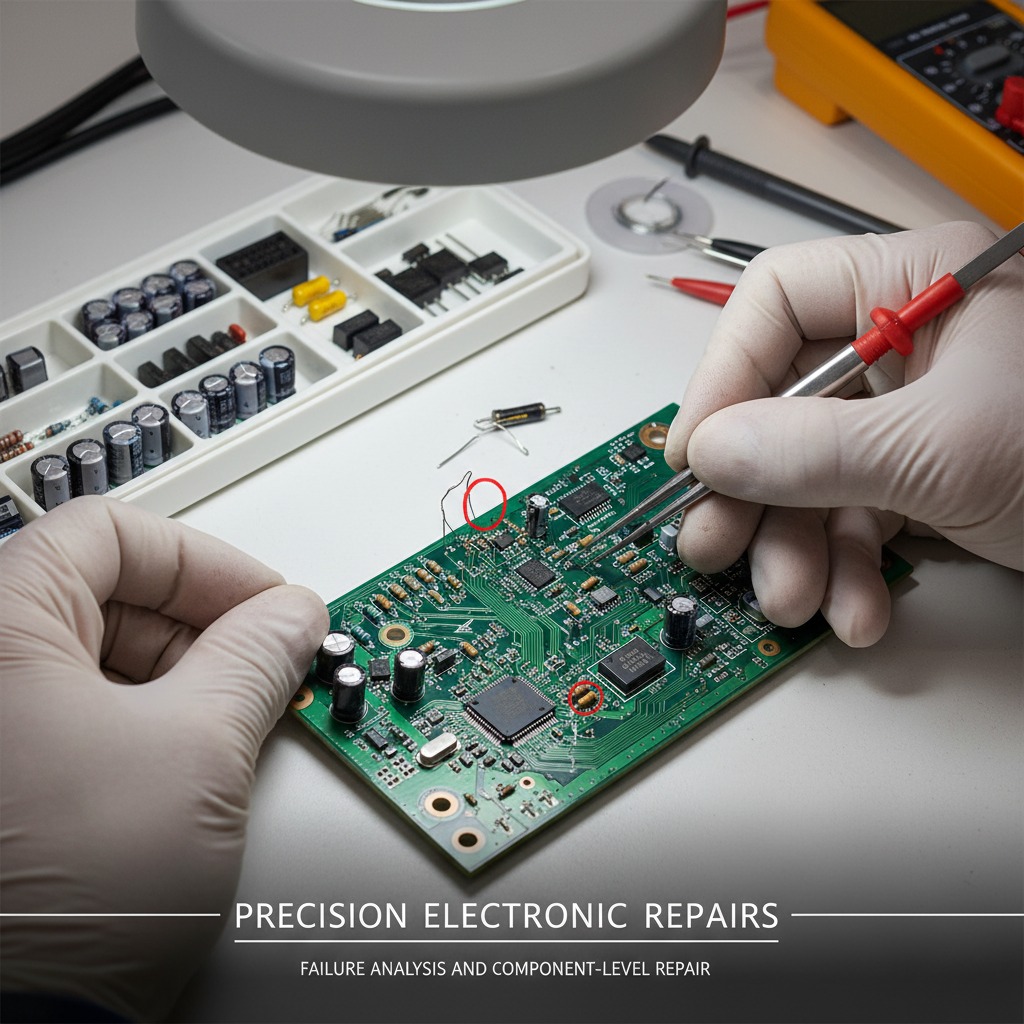 A technician wearing white gloves uses tweezers to inspect a green circuit board under a magnifying lamp, with components organised in a tray nearby.