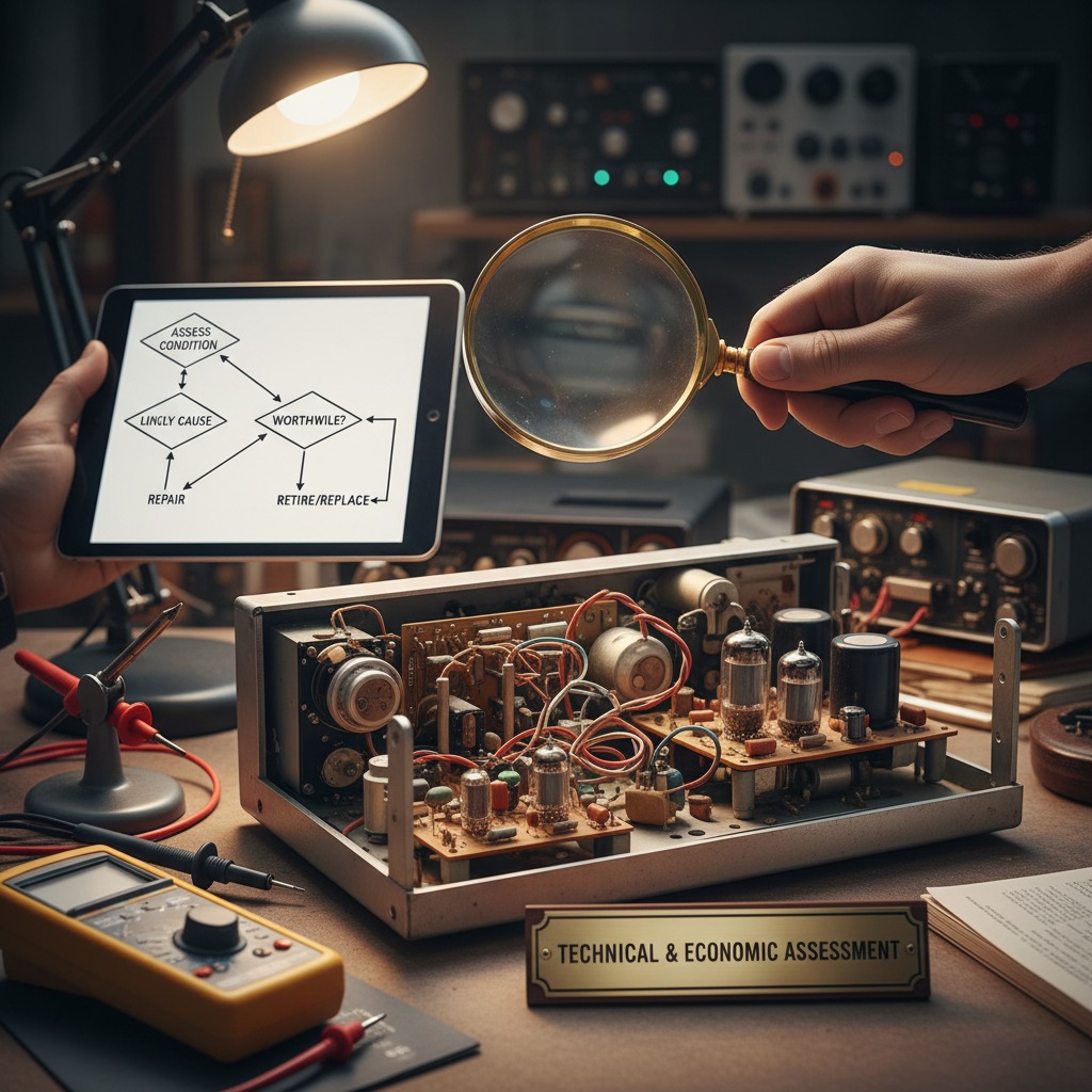 A technician uses a magnifying glass to examine an open electronic device while referencing a decision-making flowchart on a tablet.