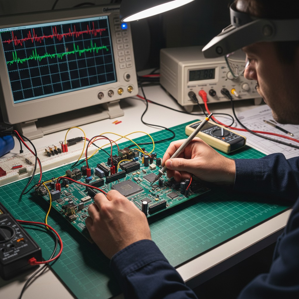 An electronics engineer uses a probe to test a circuit board on a workbench equipped with an oscilloscope and a power supply.