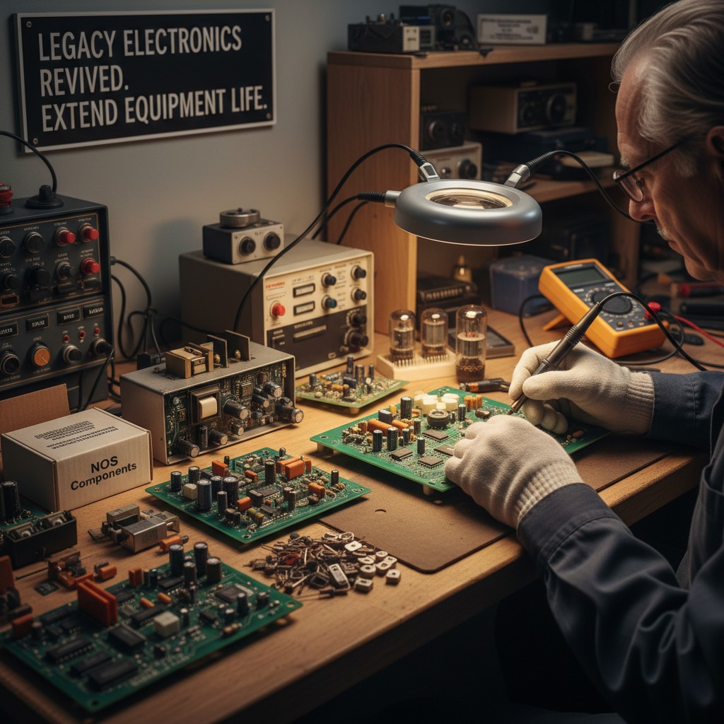 A technician wearing gloves uses a soldering iron to repair a circuit board at a workbench filled with electronic components and testing equipment.