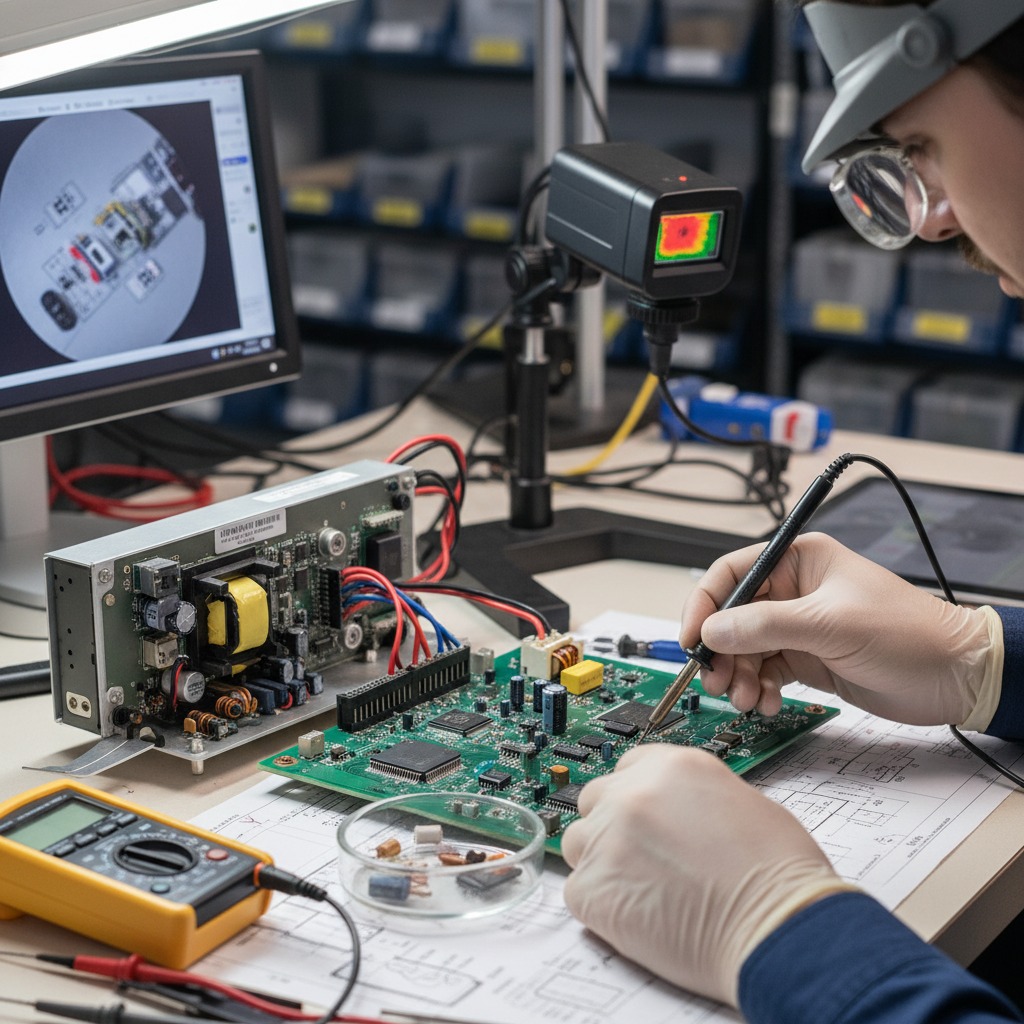 A technician wearing gloves and magnifying glasses uses a soldering iron to work on a circuit board at a workbench equipped with a thermal camera and a multimeter.