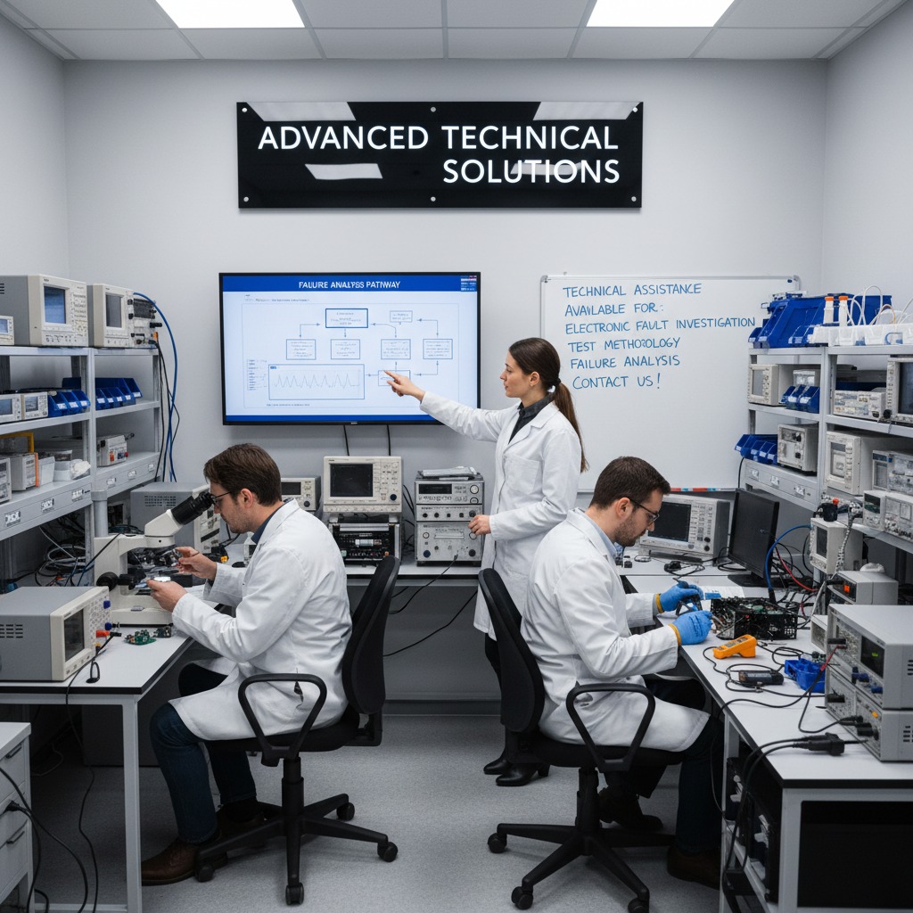 Three technicians in white lab coats work at desks equipped with electronic testing instruments in a laboratory labelled Advanced Technical Solutions.