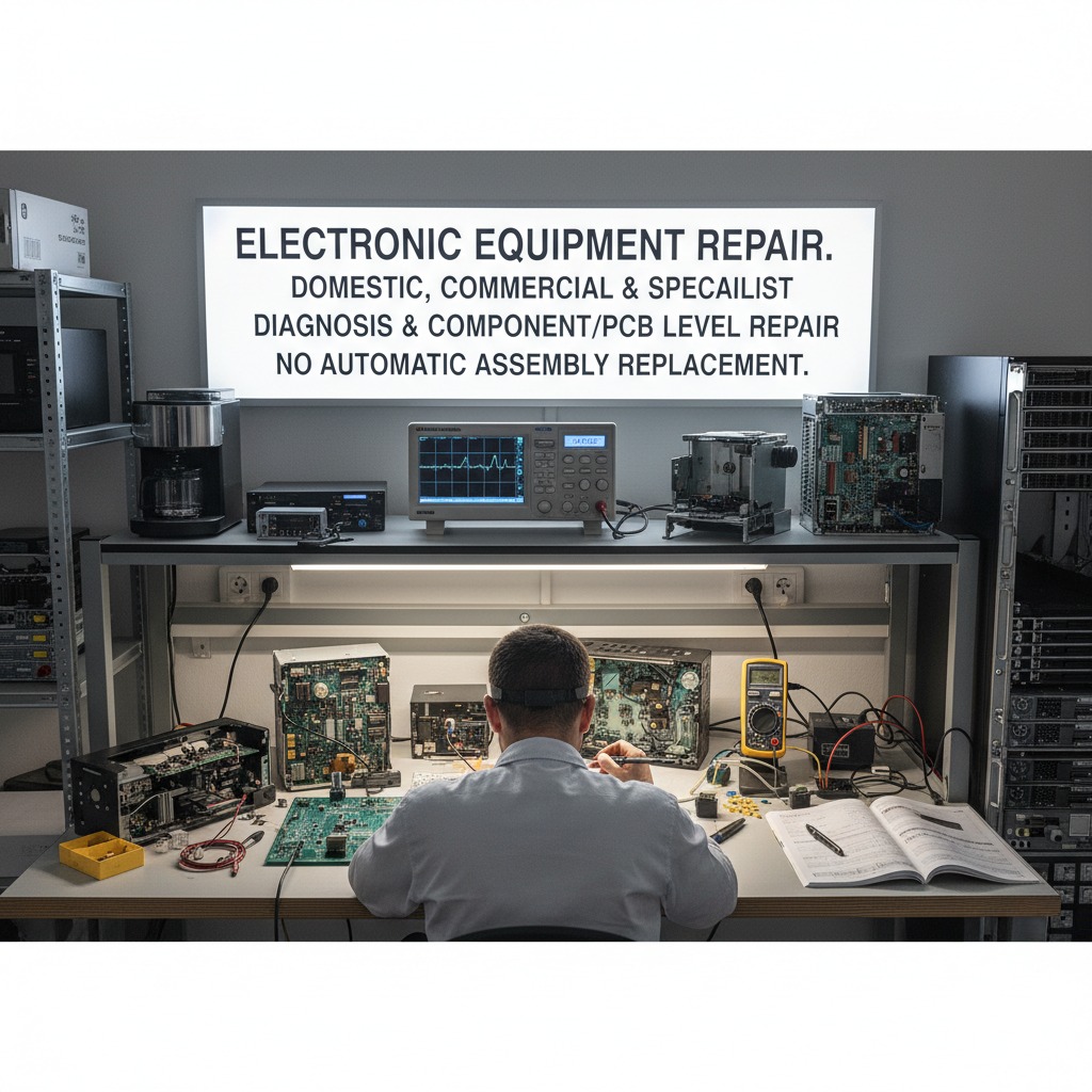 A technician works at a workbench repairing electronic circuit boards in a workshop with a sign advertising electronic equipment repair services.